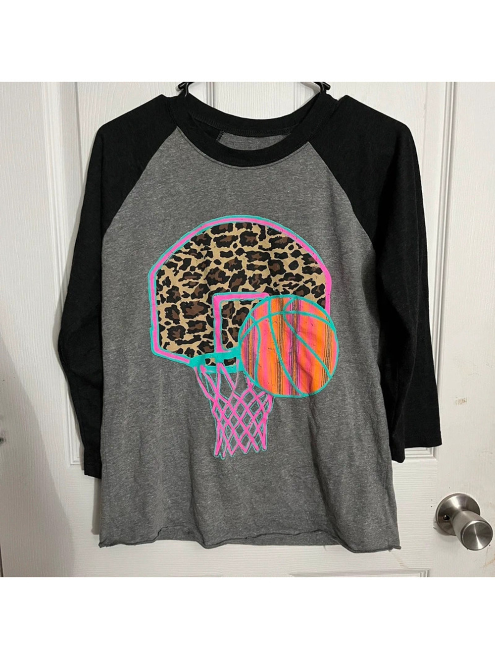 Y2K Leopard Basketball Raglan Graphic Top S